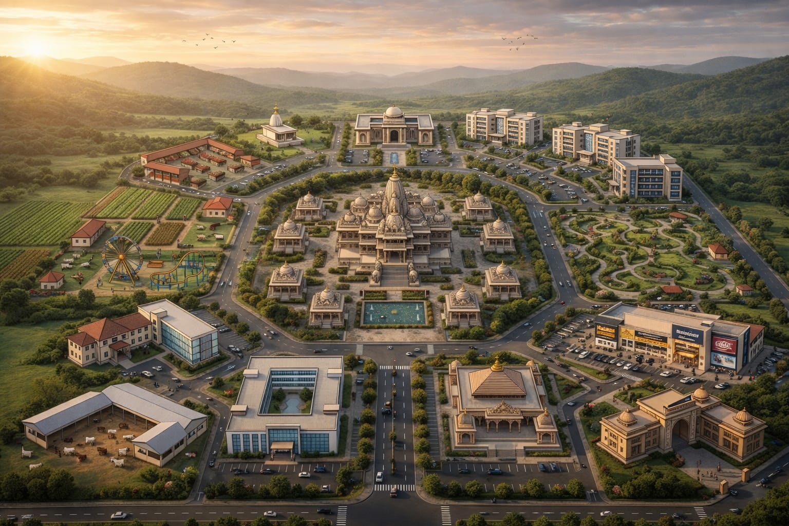 Leadership group reviewing spiritual township plans in a temple-style pavilion