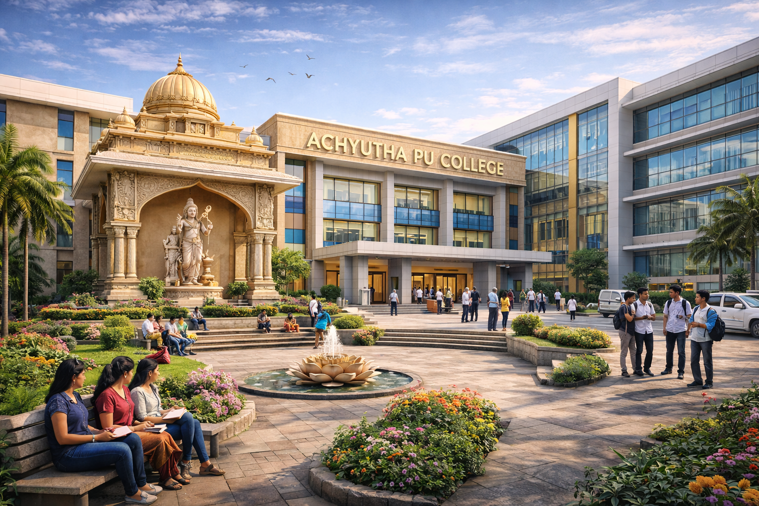 Achyutha pre-university college campus with academic courts and prayer pavilion