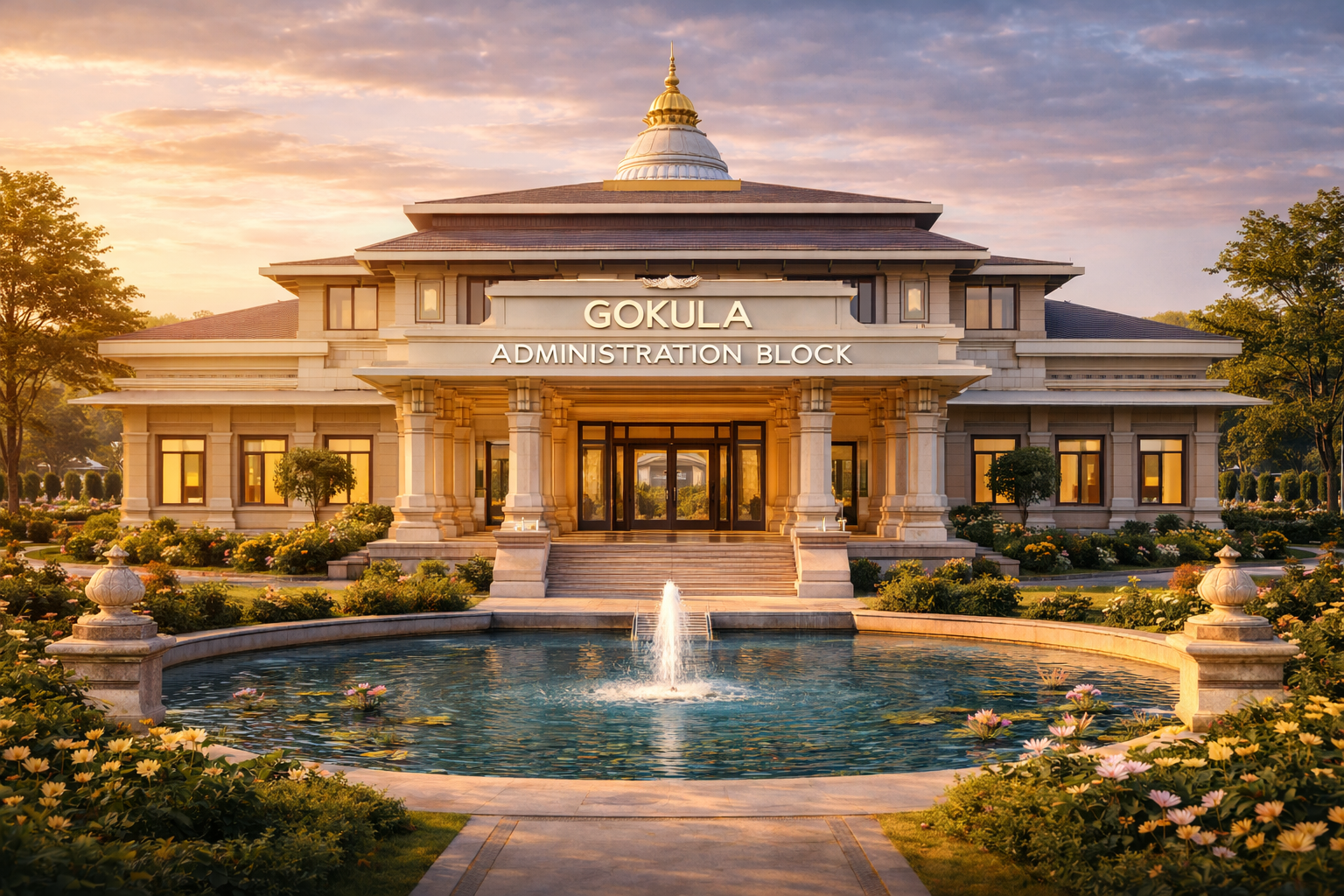 Gokula administrative block with sandstone courtyard and carved pillars