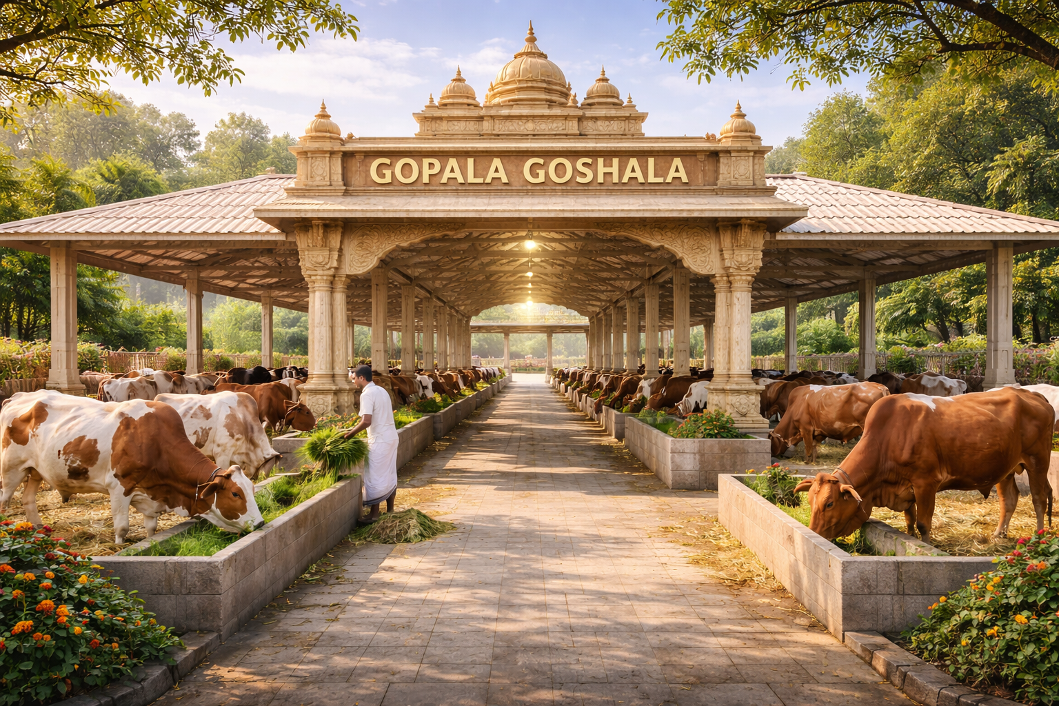 Gopala goshala with protected cow barns and grazing meadows