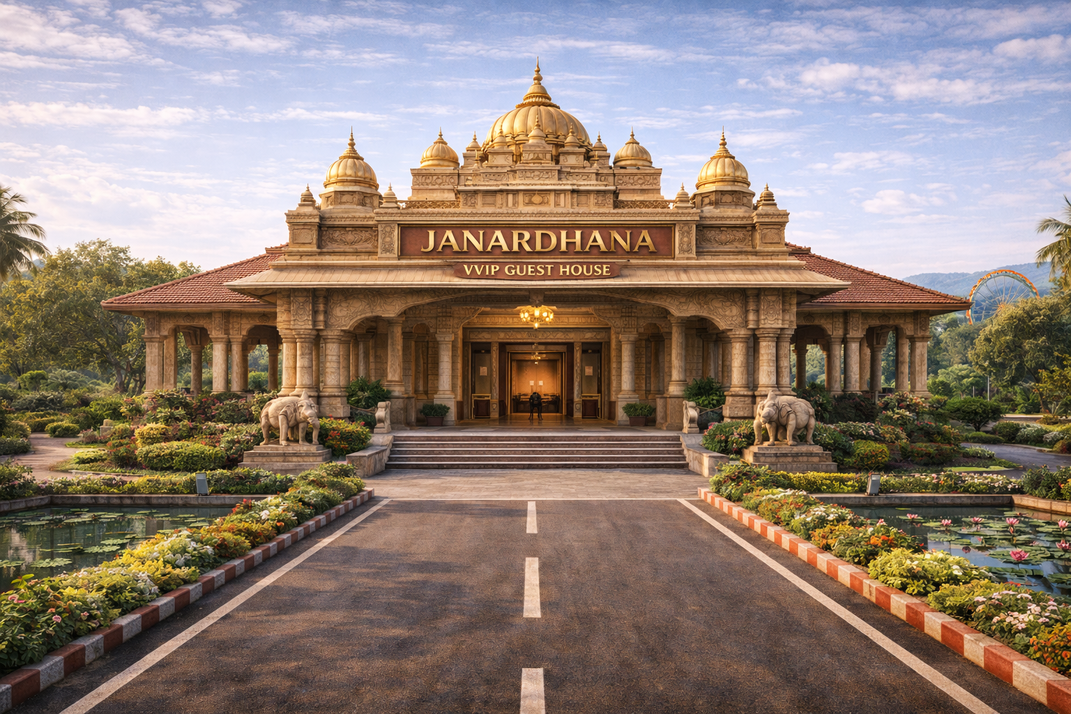Janardhana premium guest houses with sacred courtyards and garden walkways