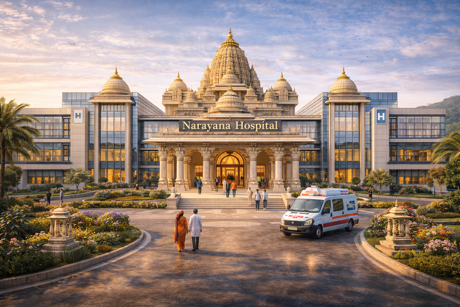 Narayana wellness hospital with healing gardens and holistic therapy spaces