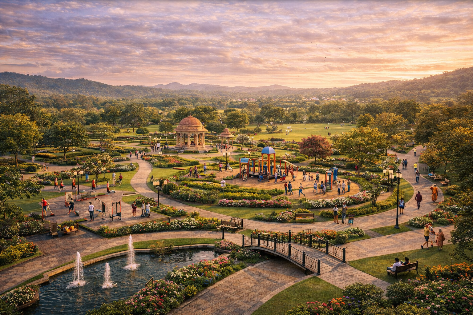 Radha Krishna themed spiritual park with sculpture gardens and water features