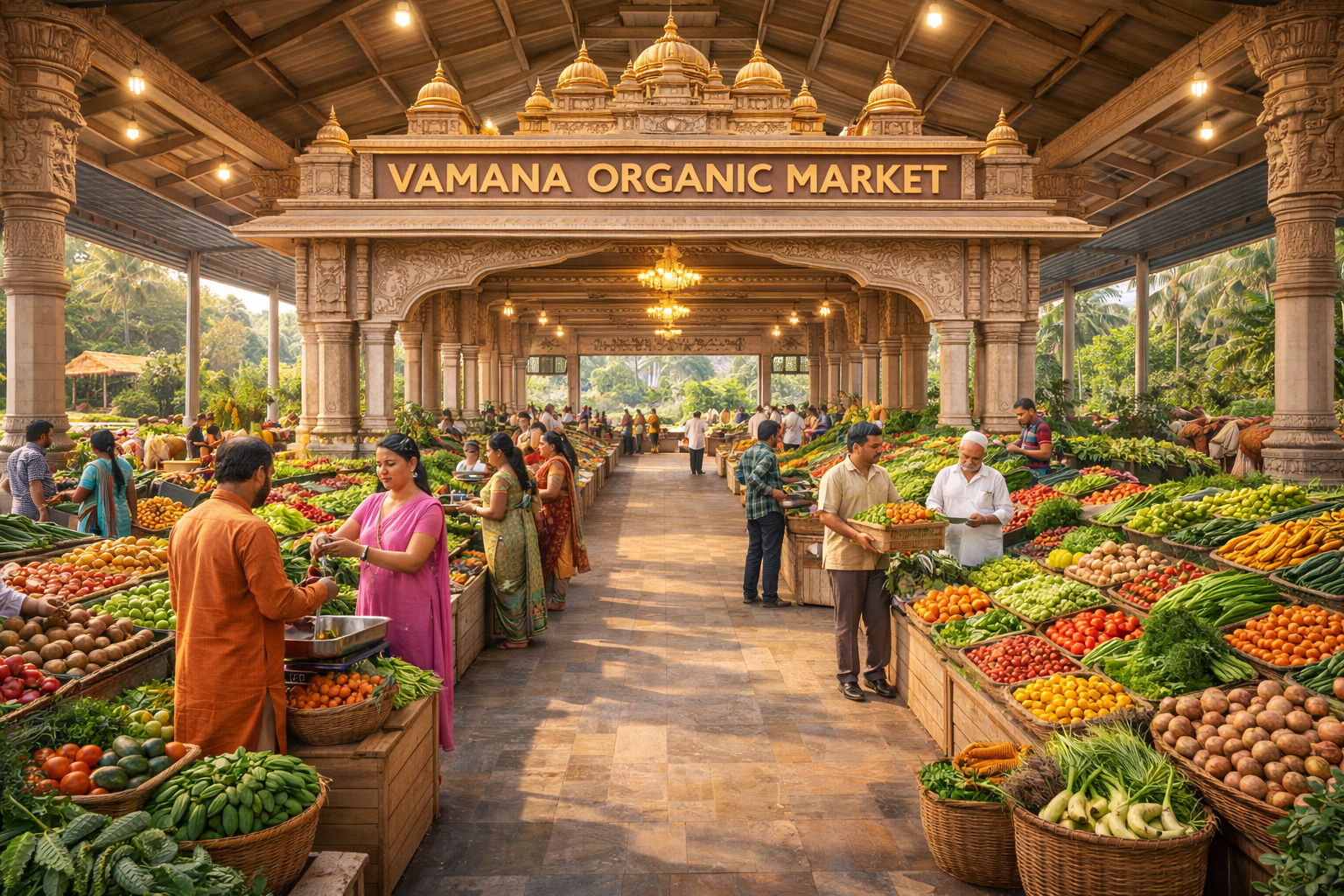 Vamana organic market arcade with local produce and artisan stalls