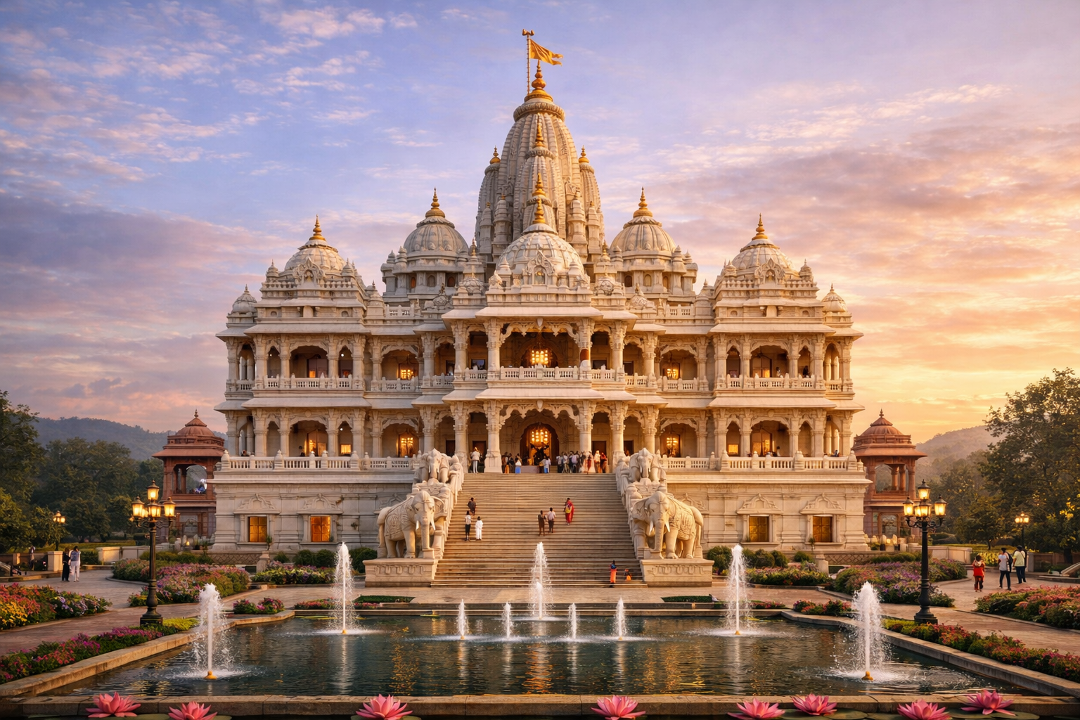 Grand Radha Krishna temple architecture rising at sunrise over sacred campus