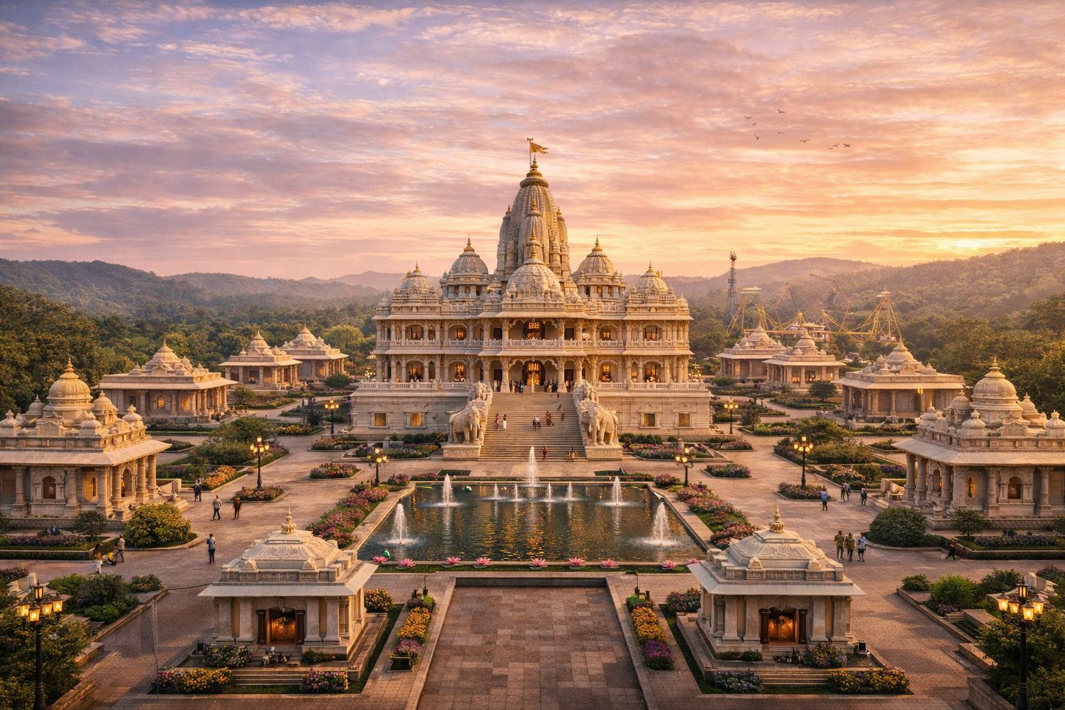 Devotees walking through lotus gardens and sacred pathways