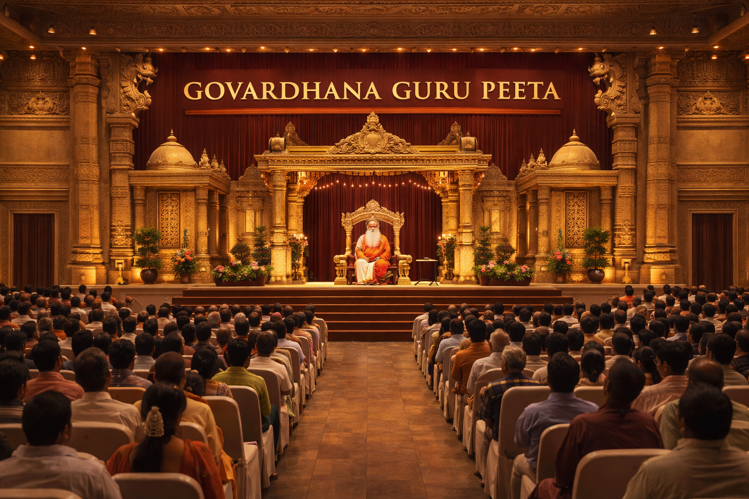 Devotees singing kirtan at twilight in a spiritual courtyard