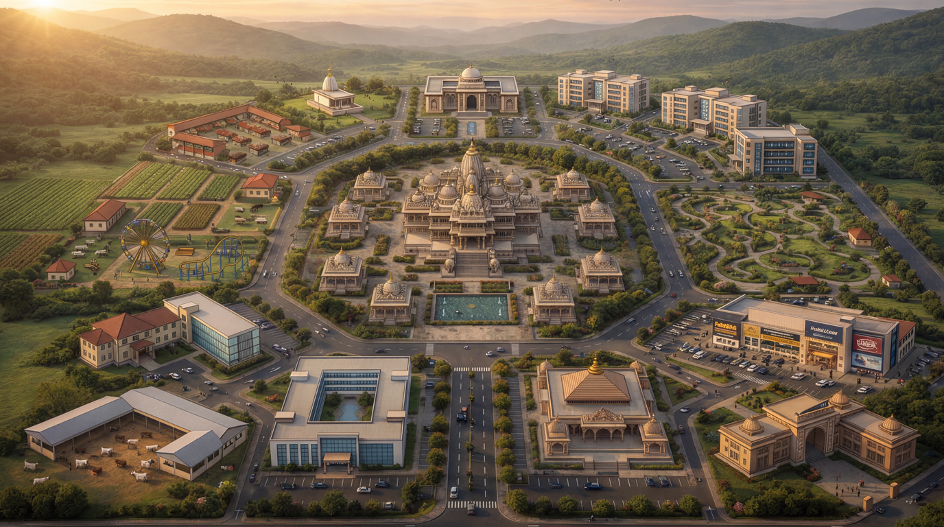 Master plan map of 630-acre Radha Krishna campus with temple-centered zoning