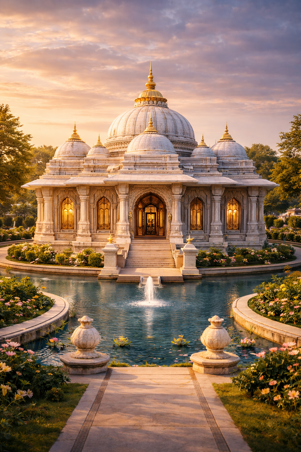 Pilgrims participating in evening arati with lamps and devotional chants